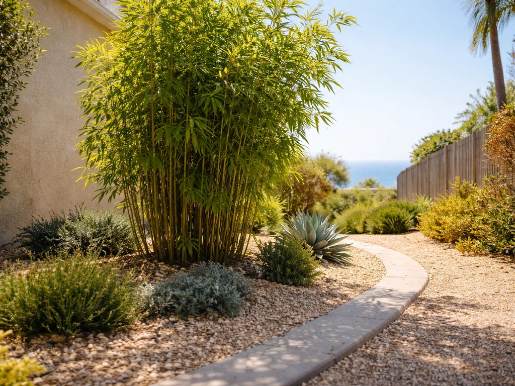 Sunny Southern California yard with bamboo and dry-friendly landscaping near a bright coastal curbside view.