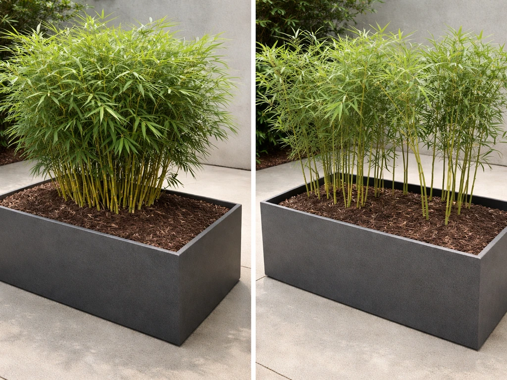 Side-by-side containers showing clumping bamboo in a tight mound versus running bamboo with rhizome barrier.