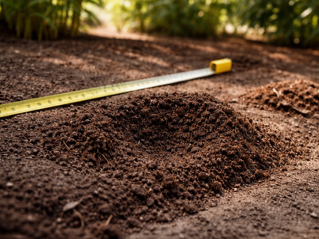 Close-up of amended, well-draining soil for bamboo planting with dappled shade and a tape measure.