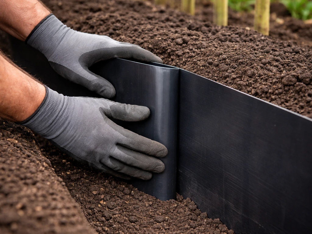 Gloved hands fitting a high-density polyethylene barrier in a trench for running bamboo, showing overlap.