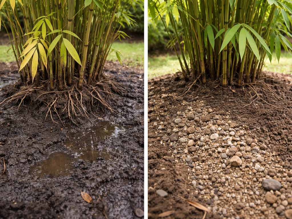 Bamboo with yellowing leaves beside waterlogged soil and an improved raised mound with better drainage.