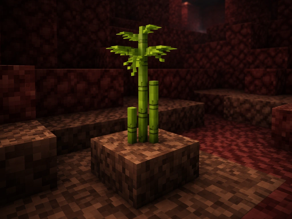 Minecraft-like Nether scene showing a single bamboo sprout on soul sand beside netherrack.
