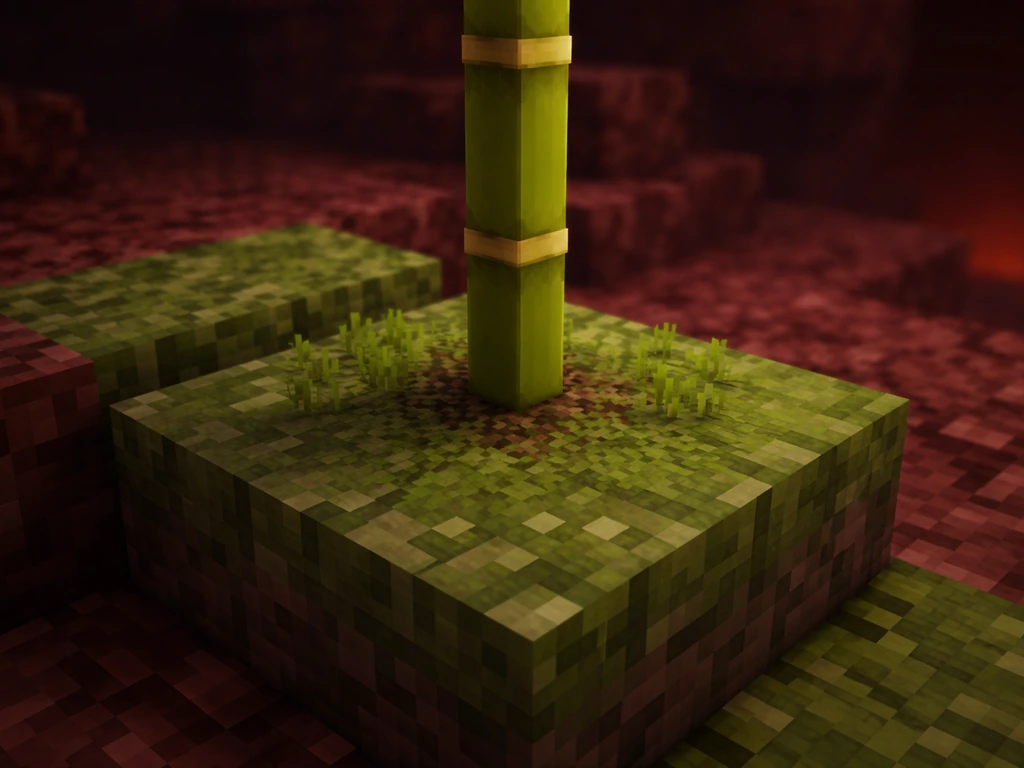 Close-up of one bamboo stalk planted on moss/grass-like blocks with surrounding block surfaces visible.
