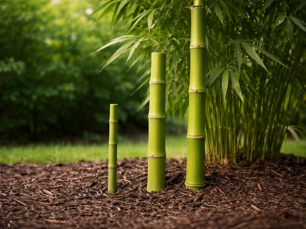 Bamboo stalks showing three clear growth heights in a simple garden bed under natural light.