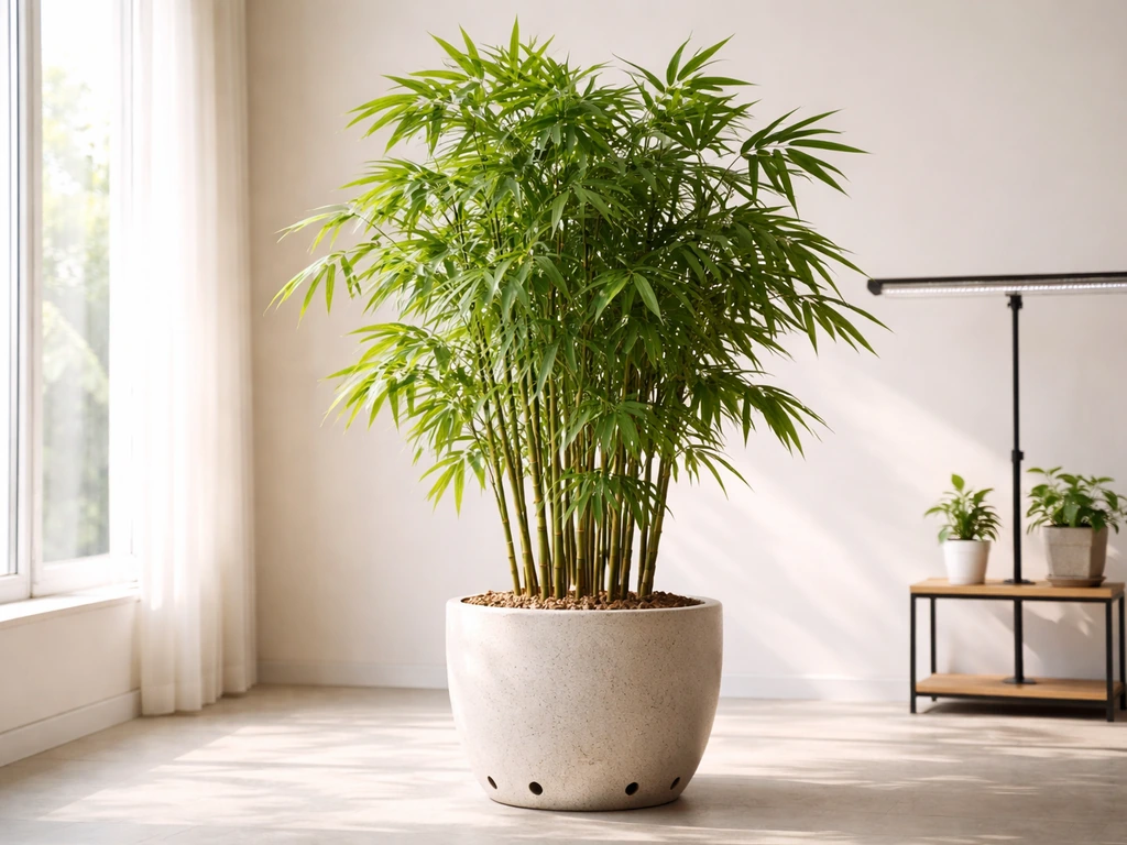 Clumping bamboo in a large pot by a sunny window with a simple grow-light stand in the background.