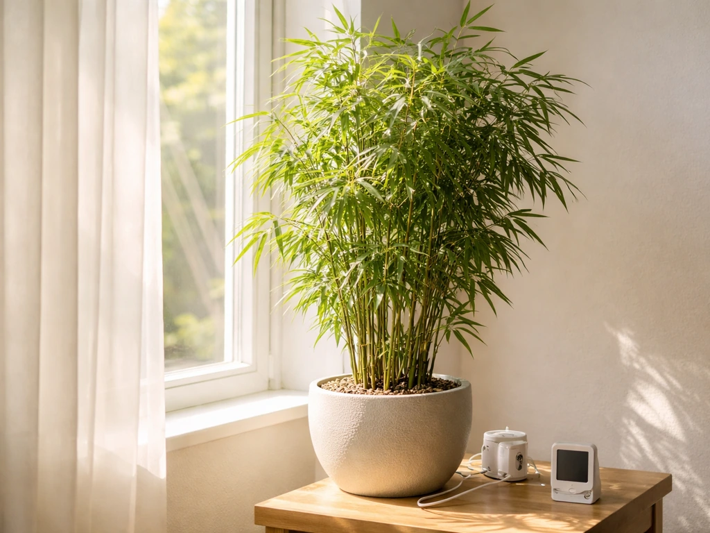 Indoor bamboo by a sunny window with clear light rays and a small unbranded grow light timer device.