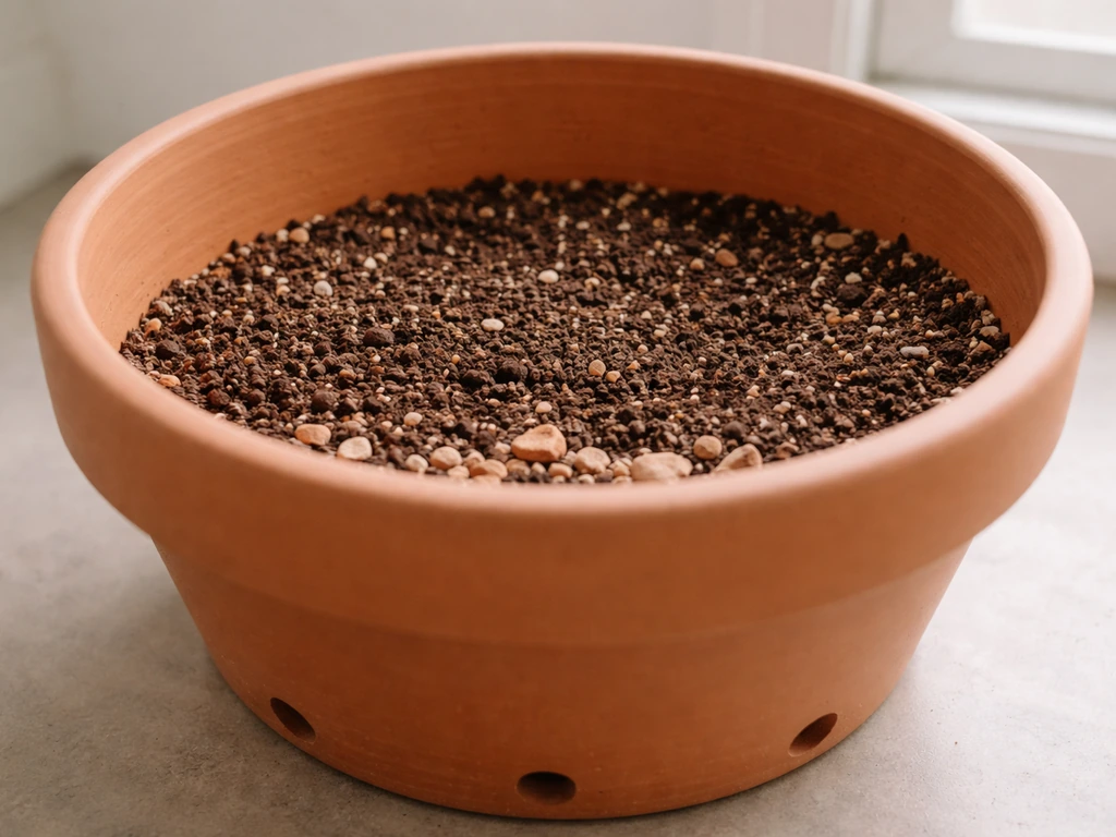 Large terracotta pot with drainage holes, gravel layer, and well-draining soil mix visible.
