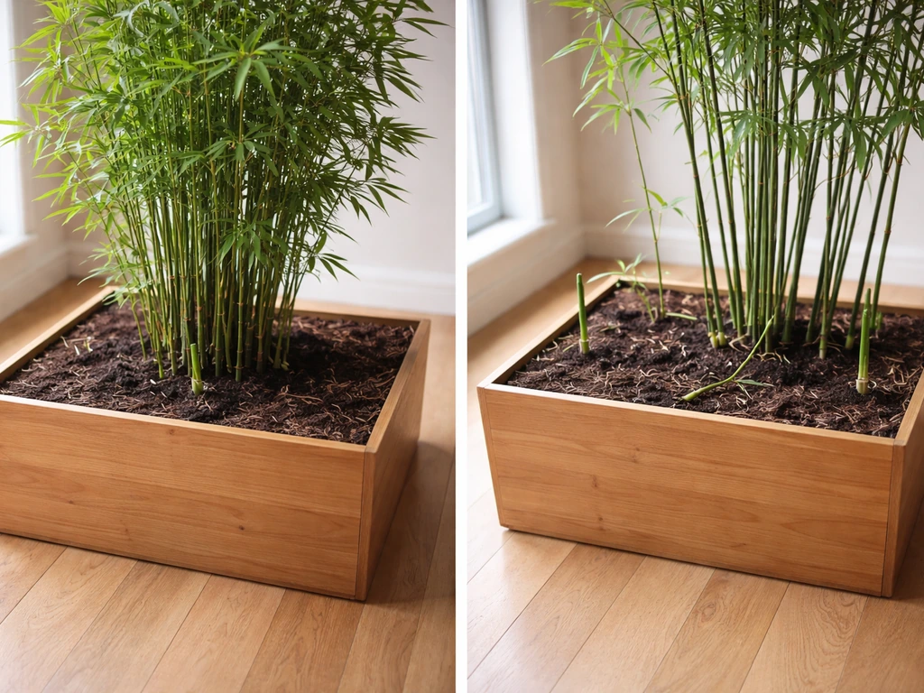 Two indoor bamboo planters side by side showing clumping growth versus outward running spread.