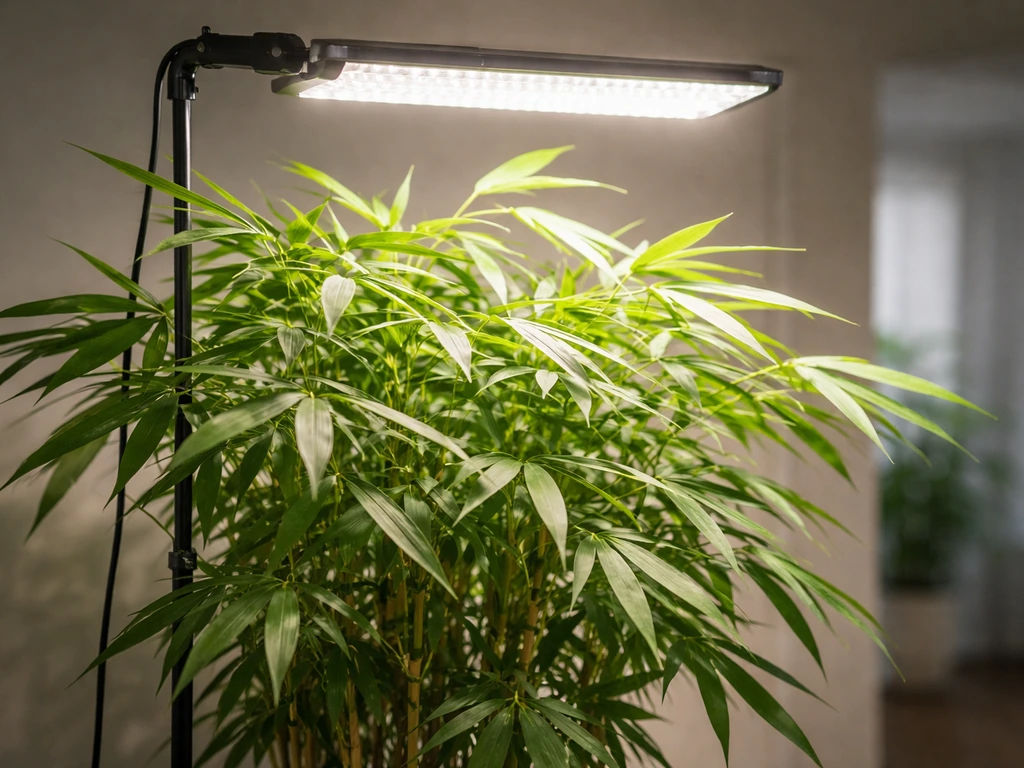 Close-up of LED grow light over indoor bamboo, showing leaf canopy coverage and distance