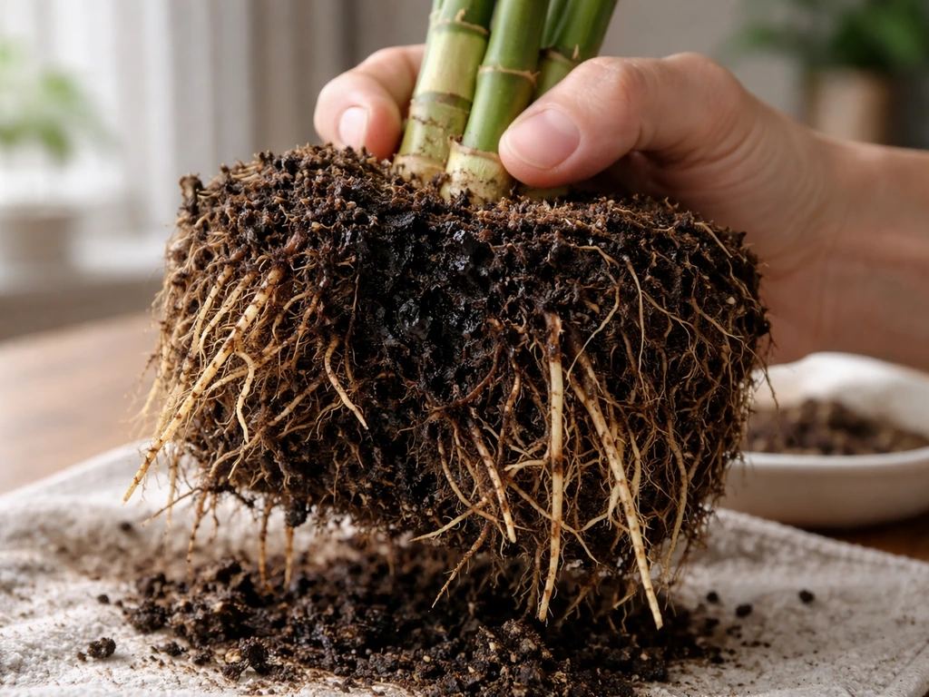 Indoor bamboo being gently unpotted on a table, showing dark mushy roots for root rot.