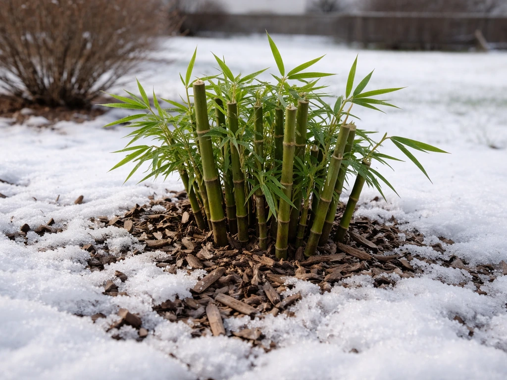Cold-hardy bamboo clump emerging from snow in a Minnesota garden in early spring light.