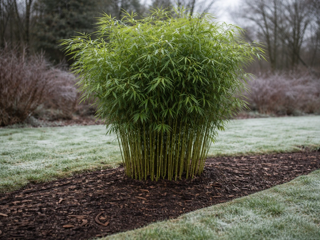 Clumping bamboo in a Minnesota-style garden bed with frosty ground and natural outdoor light.