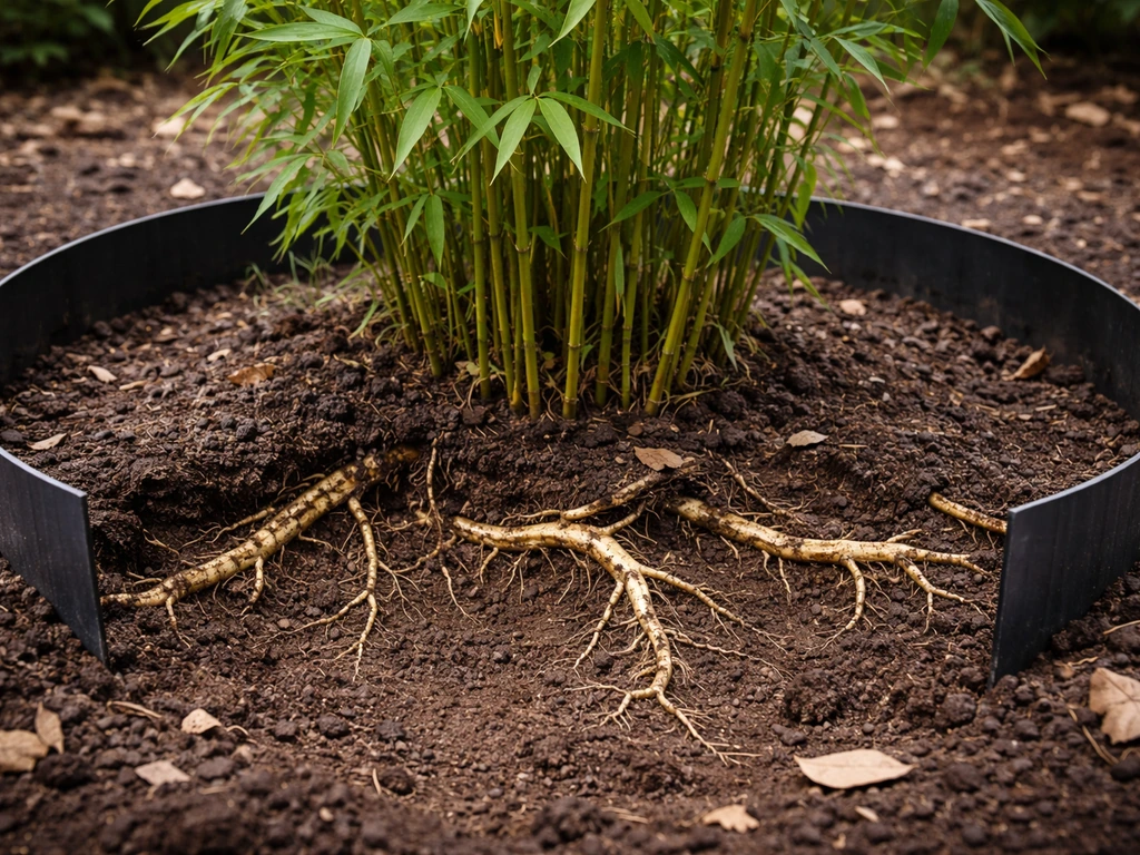 Running bamboo rhizomes spreading in soil with a root barrier around the plant for containment.