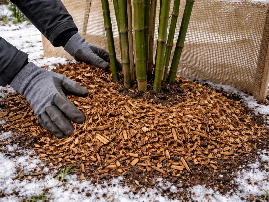 Hands placing 5-inch mulch over bamboo rhizomes in a winter garden with a simple burlap wind screen