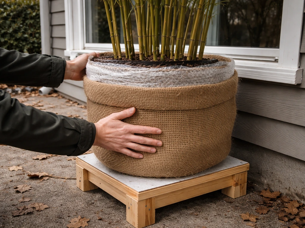 Potted bamboo on a small insulated stand, wrapped for overwintering near a garage window.