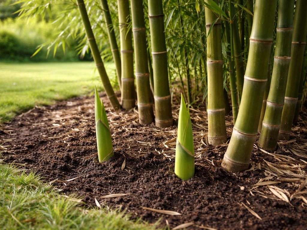 Healthy bamboo in a garden bed with visible culms, new shoots, and dark soil around the base.