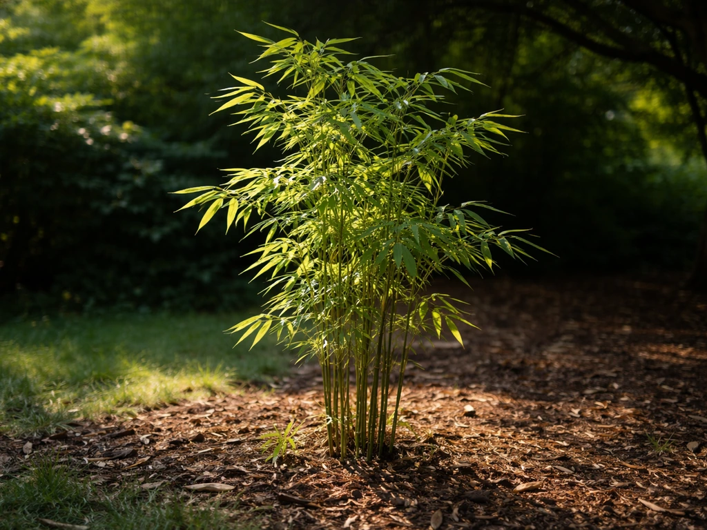 Healthy bamboo leaves in partial morning sun under a shaded outdoor understory.