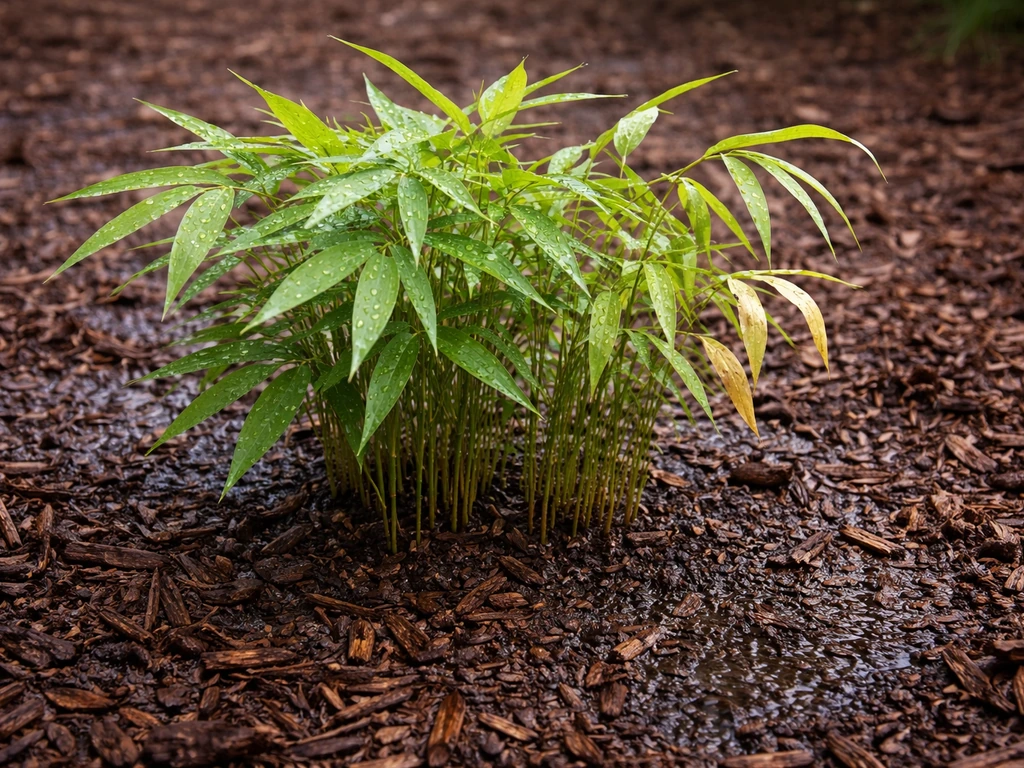Freshly watered bamboo bed with mulch; one cluster shows normal flat leaves, another shows curled drought-stressed leave
