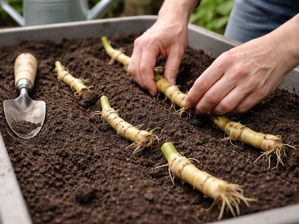 Hands placing bamboo rhizomes into a prepared container bed with space between divisions