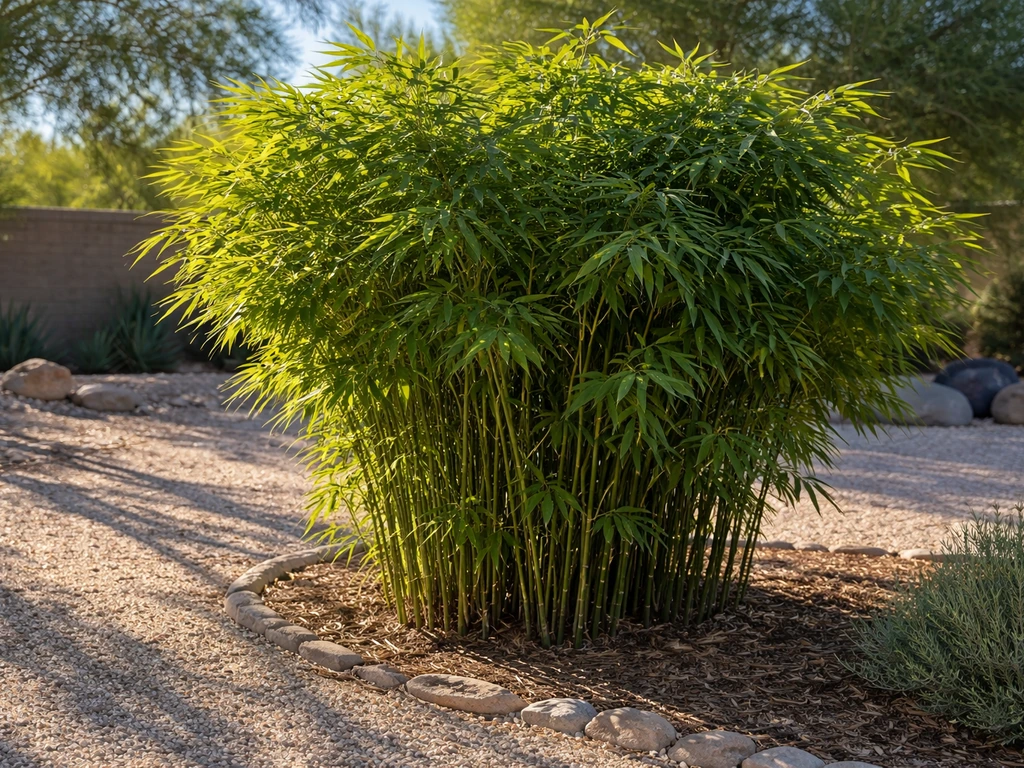 Lush bamboo clump in a dry rocky Arizona backyard with morning sun and afternoon shade pattern.