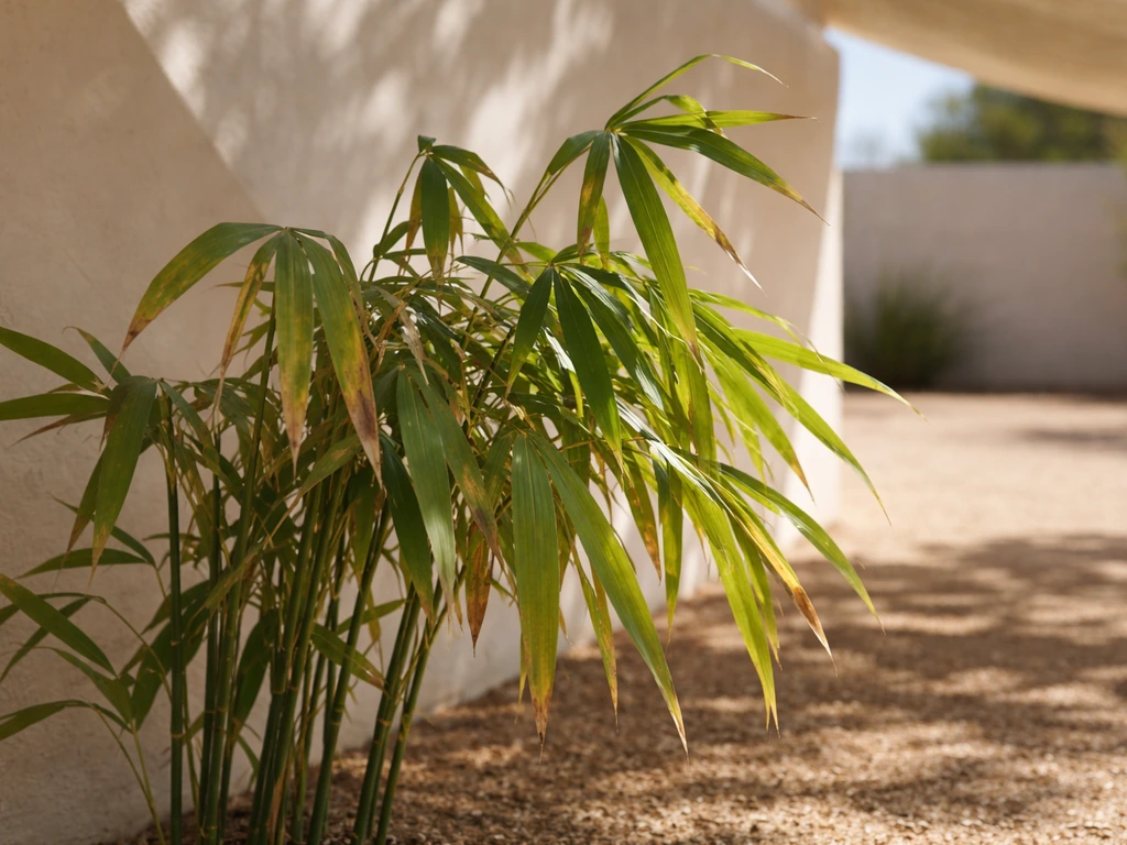 Arizona bamboo leaves show mild heat droop, half shaded by wall and sailcloth, sunlit contrast.