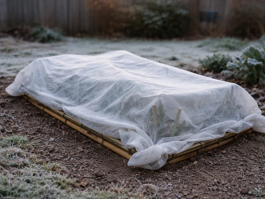Garden bamboo bed covered with lightweight frost cloth as a light freeze settles on the ground.