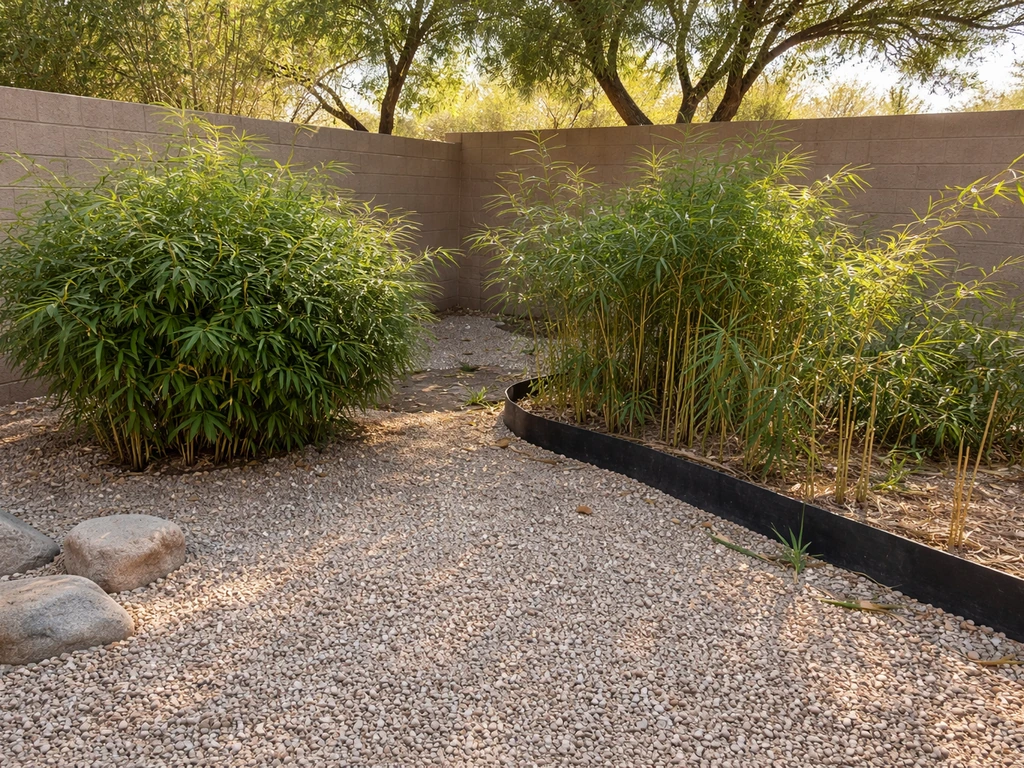 Two adjacent bamboo beds in Arizona showing tight clumps versus shoots spreading near a barrier.