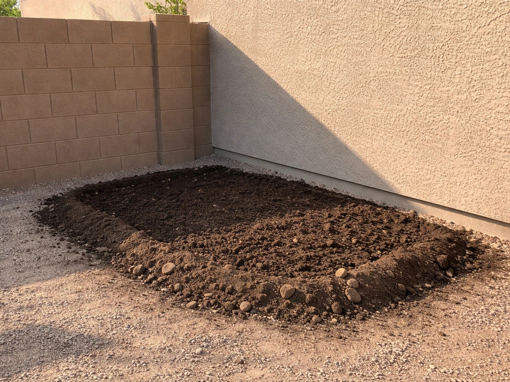 Prepared planting bed beside an east-facing wall with morning light and afternoon shade.