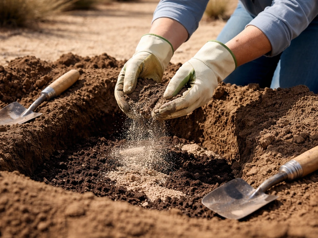 Gardener in gloves mixing sulfur-like amendments into a dug planting hole in a sunlit garden bed.