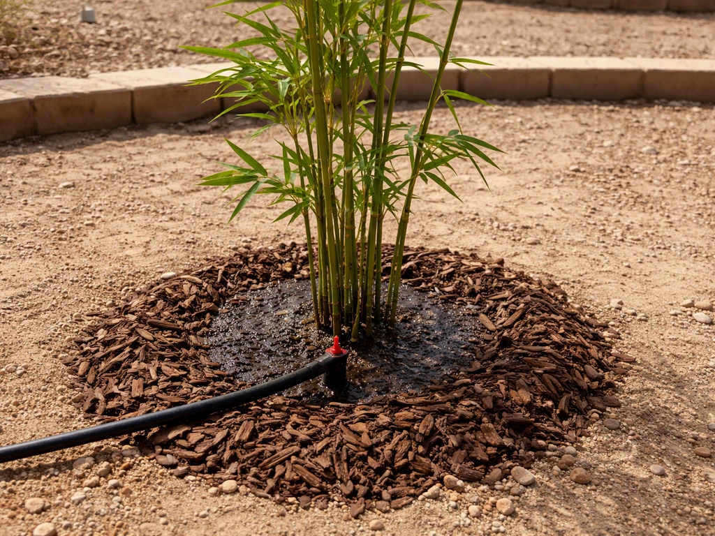 Newly planted bamboo in sandy desert soil with a drip emitter delivering water into mulched root area.