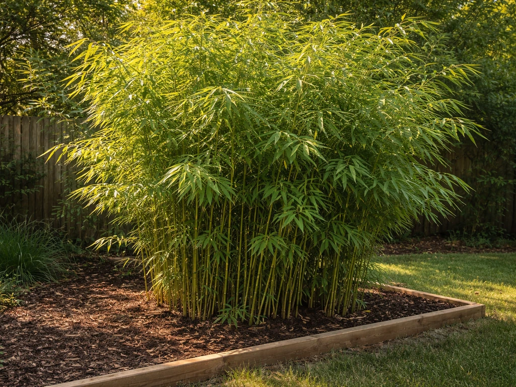 Lush clumping bamboo thriving in a Texas backyard with sunlight and dark mulch around the base.