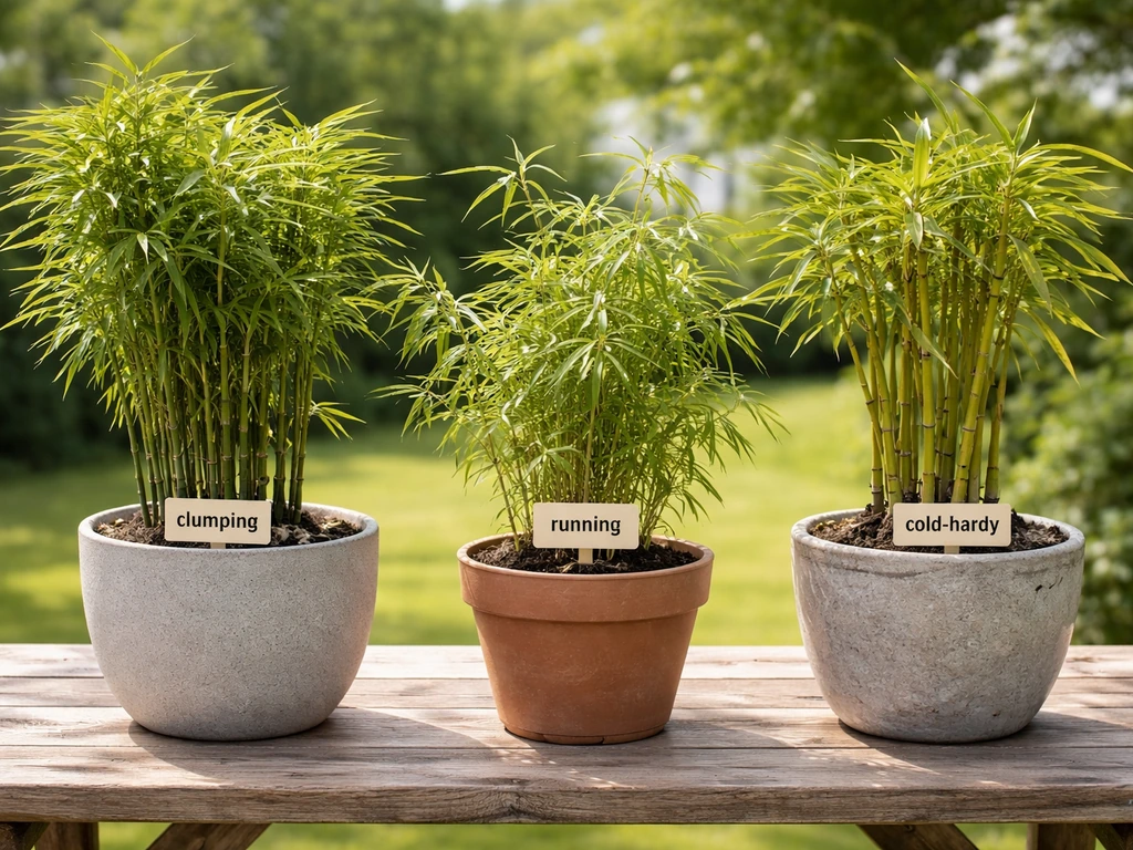 Minimal photo showing three bamboo clumps in pots with labels for clumping vs running and cold hardiness notes