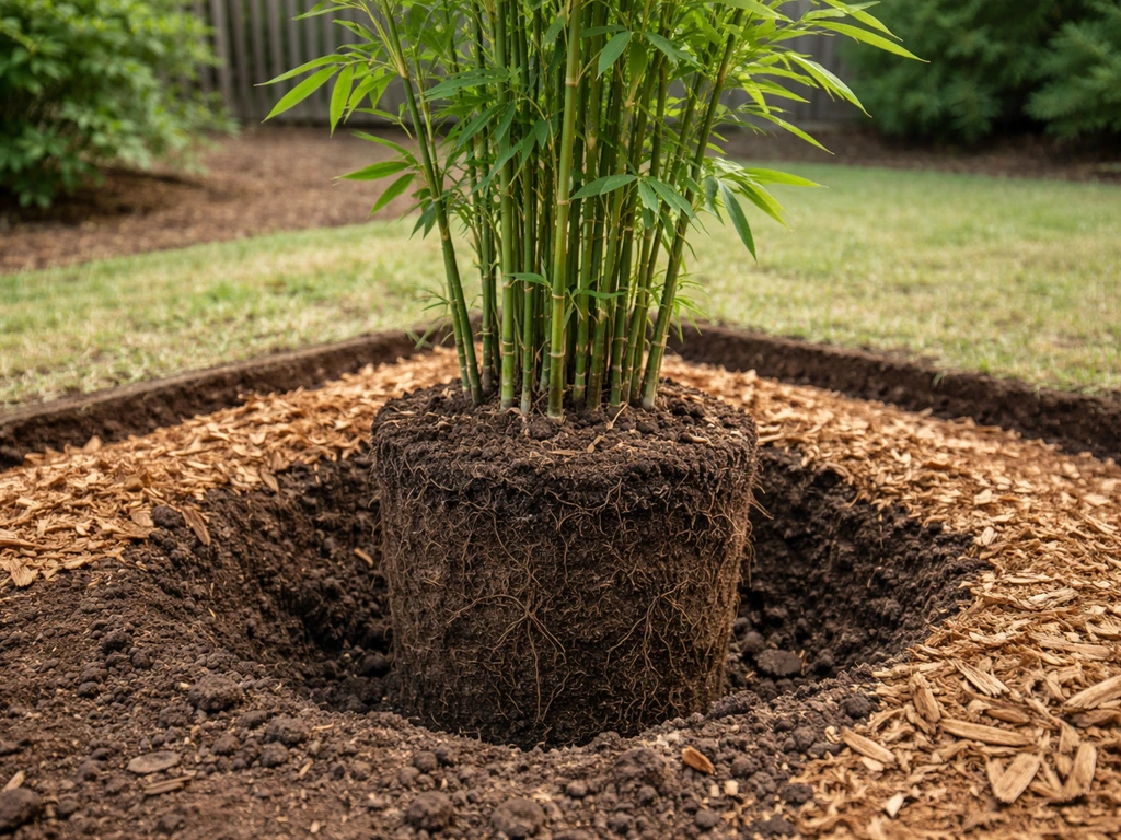 Close-up of a clumping bamboo root ball planted in mulched soil, ready to grow.