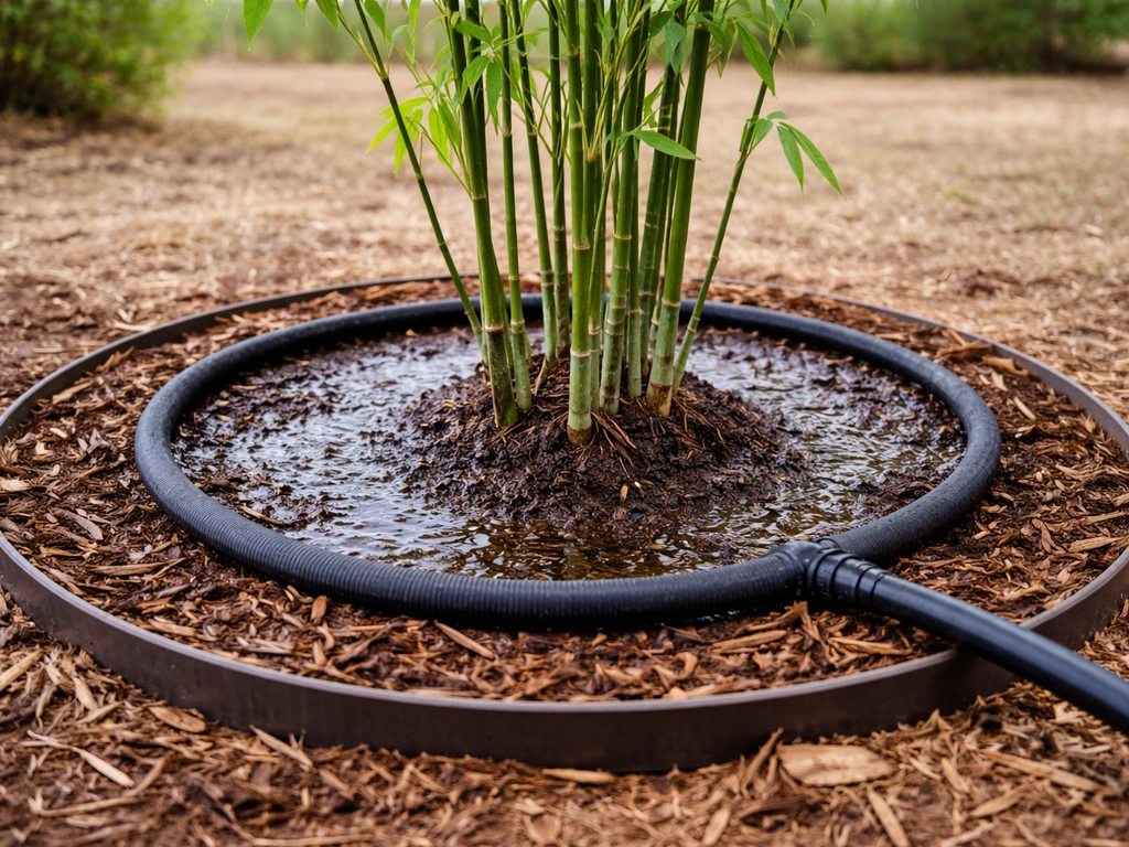 Fresh bamboo in a soil ring being deep-watered by a soaker hose, damp ground and shoots visible.
