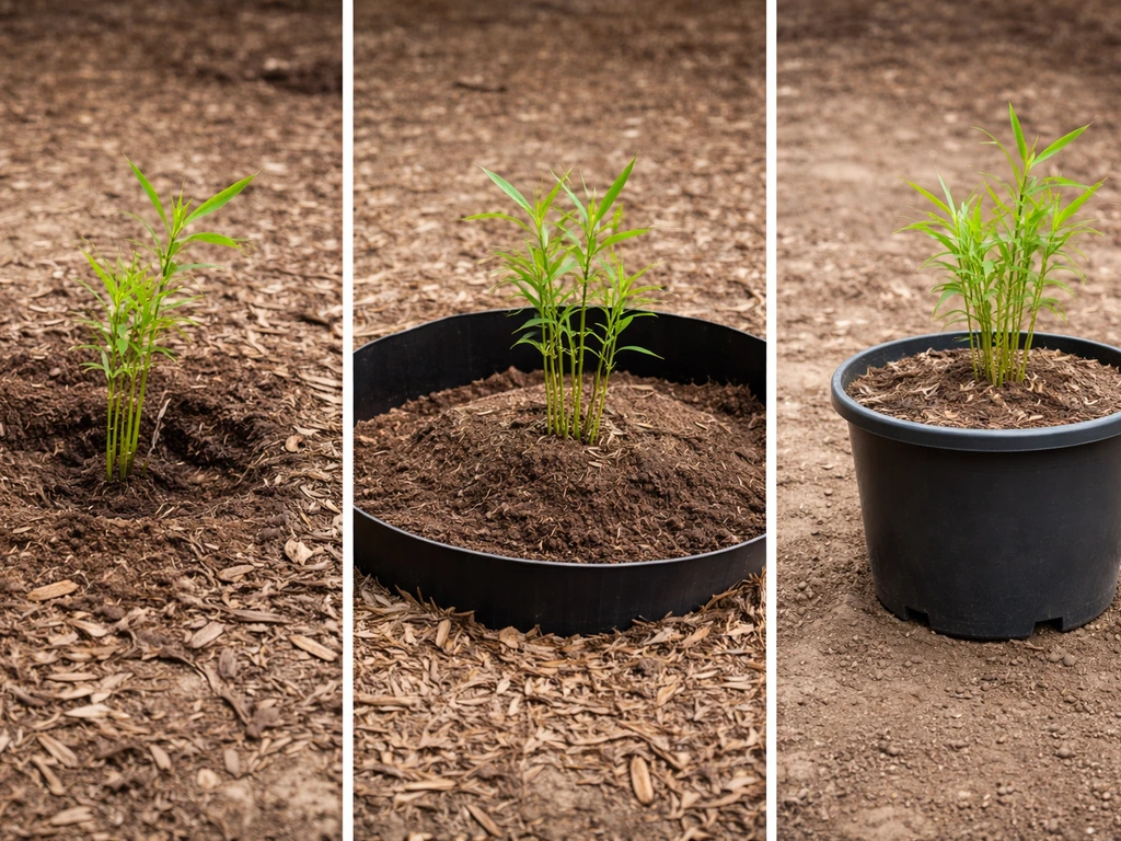 Three-panel photo comparison: bamboo in-ground without barrier, in-ground with barrier trench, and bamboo in a container