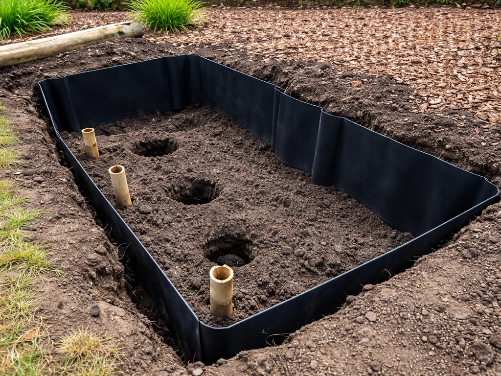 Shallow garden trench with HDPE rhizome barrier installed for in-ground running bamboo before planting.