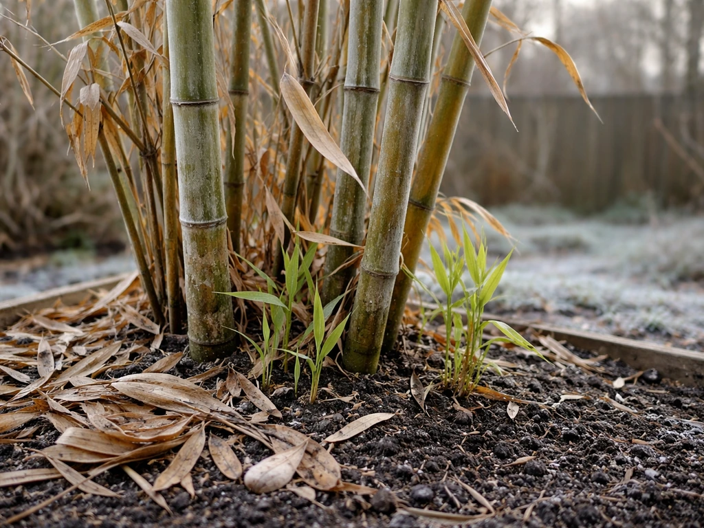 Bamboo culms with some leaf damage after a freeze, with fresh green shoots emerging from the base.