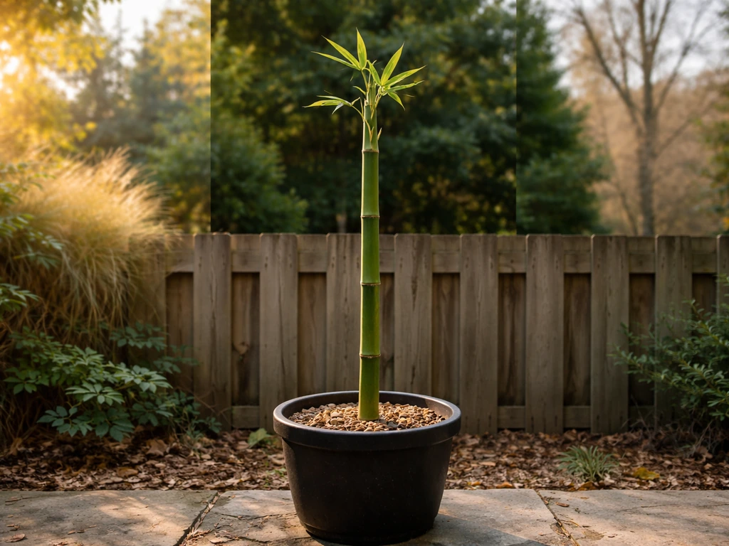 Single bamboo culm in a pot outdoors, hinting climate suitability in a minimal backyard scene.