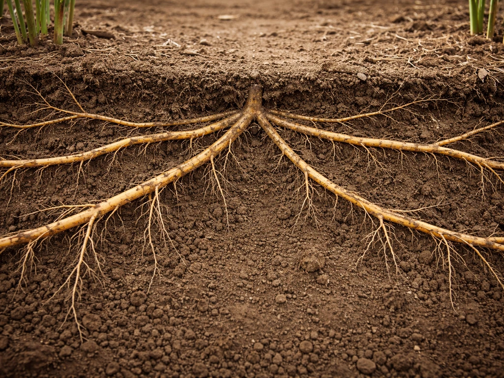 Soil cross-section showing bamboo running rhizomes spreading outward beneath the surface.