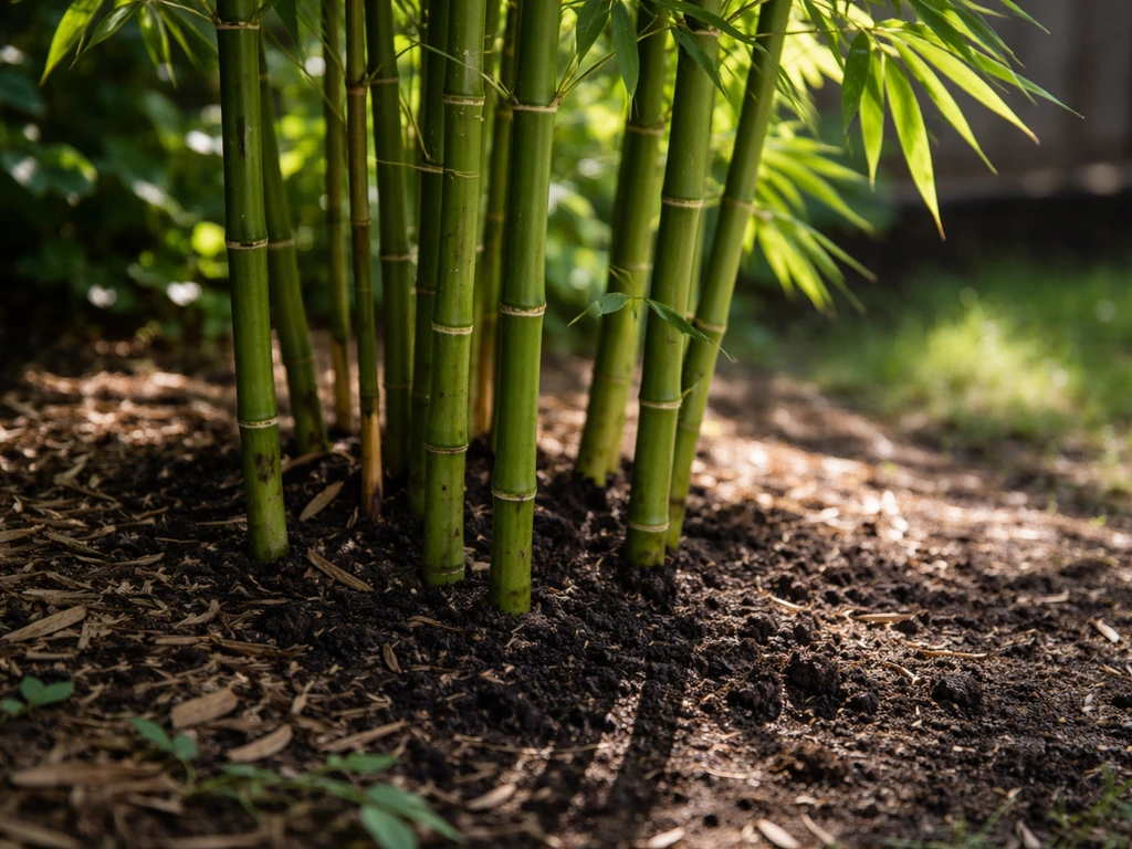Green bamboo canes with morning sun on one side and partial shade nearby, showing light conditions.
