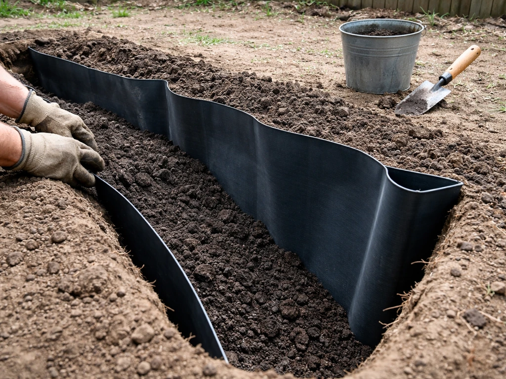 Worker hands backfilling soil along an HDPE root barrier trench for planting running bamboo