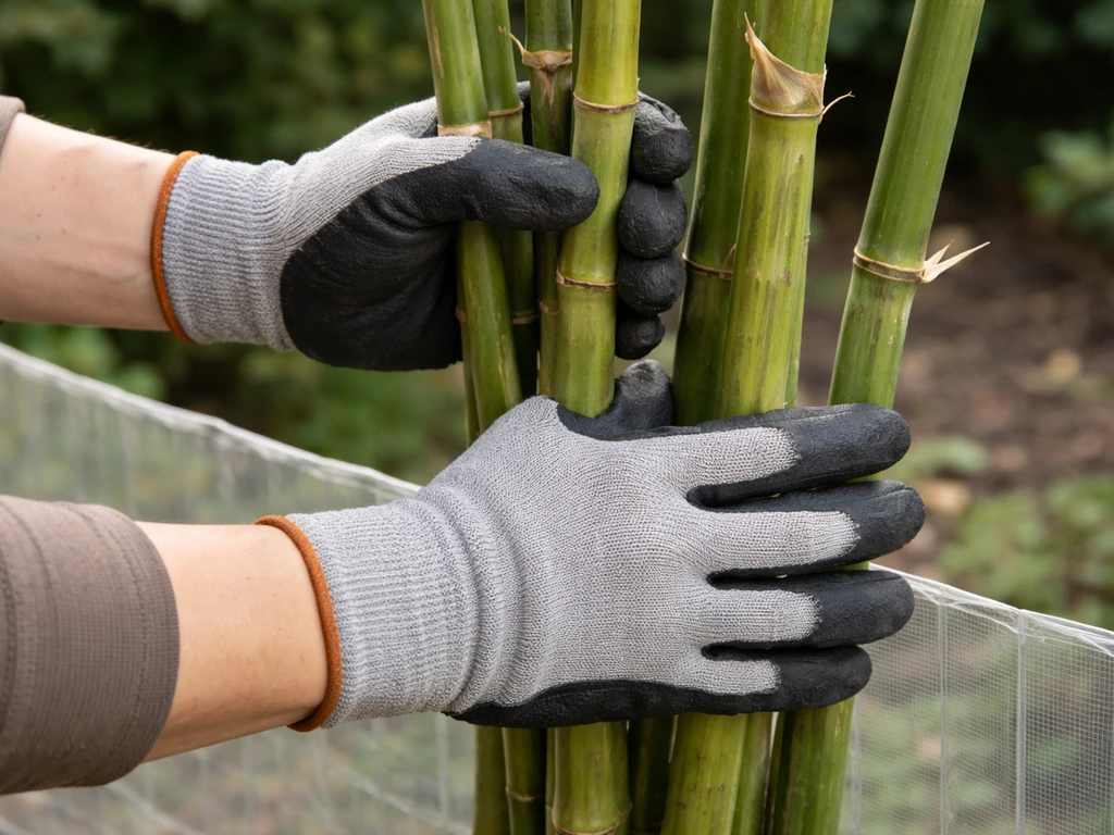 Gloved hands handling upright bamboo next to a simple protective barrier in a quiet garden.