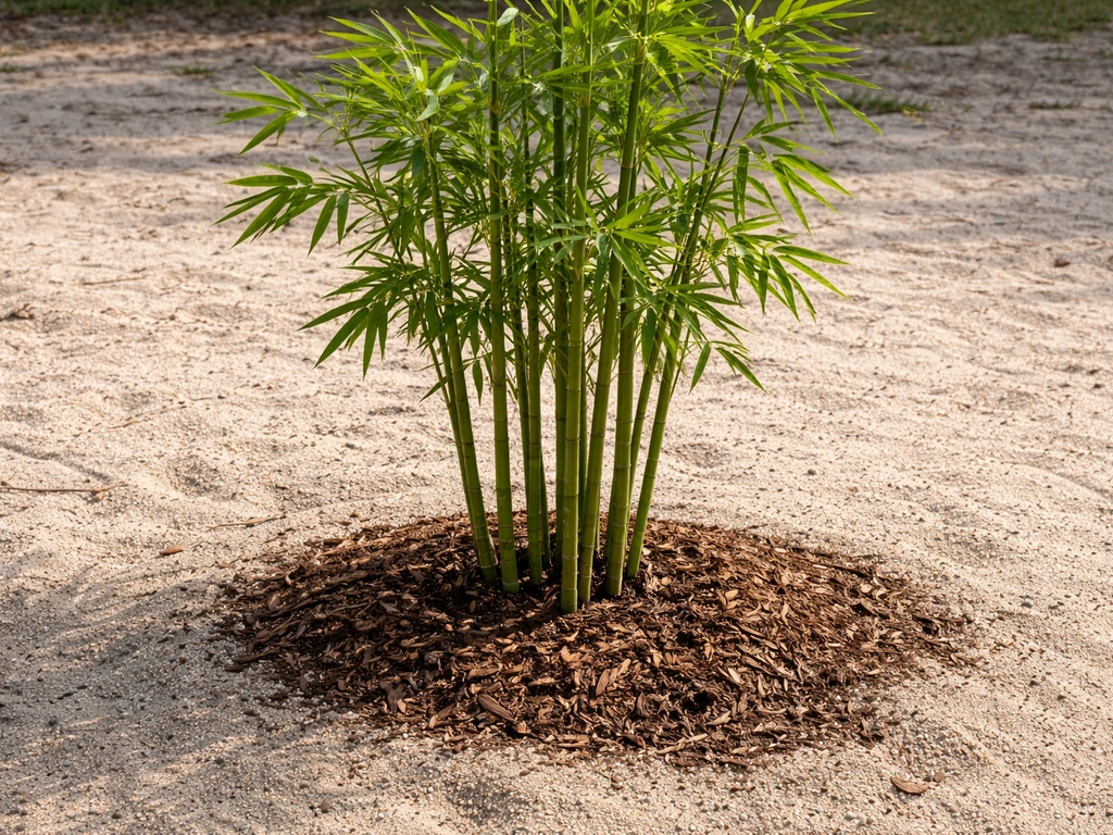 Green bamboo culms growing in an amended sandy yard with mulch around the base.