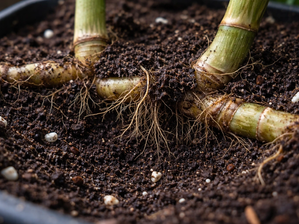 Close-up of bamboo rhizomes and roots nestled in dark, aerated soil mix in a garden container.
