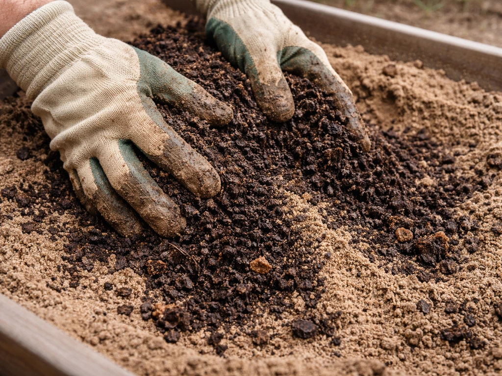 Hands mixing dark compost and aged manure into sandy soil in a small garden bed.
