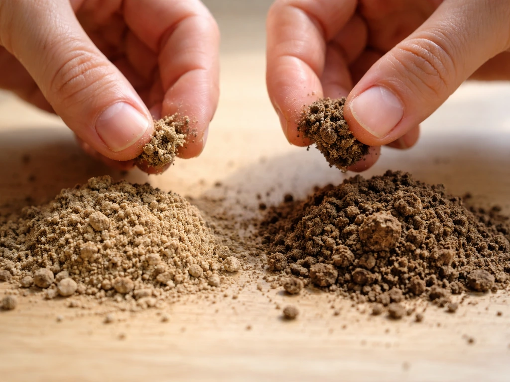 Close-up of sandy soil amended with clay versus plain sand in two small piles, shown by squeeze test texture.