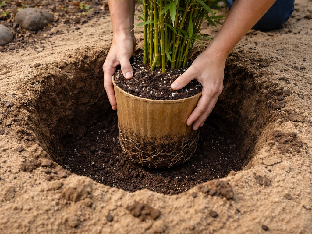 Hands lowering a bamboo root ball into a wide planting hole in amended sandy soil