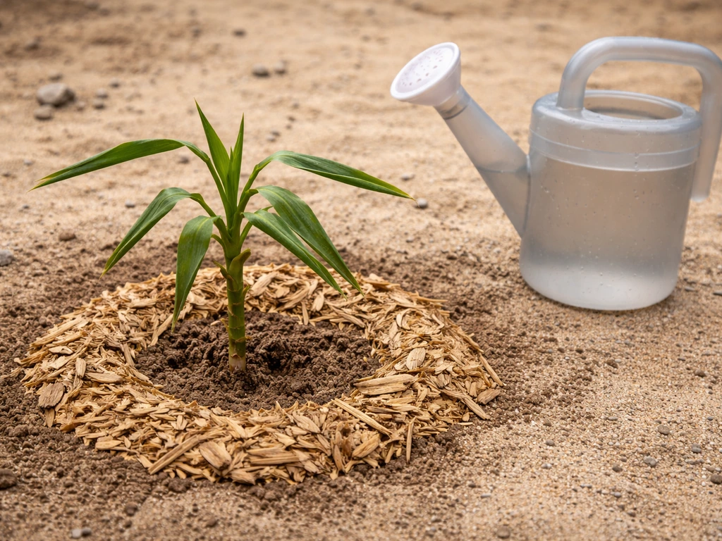 Dehydrated bamboo in sandy soil with curled leaves, next to watering can and fresh mulch ring.