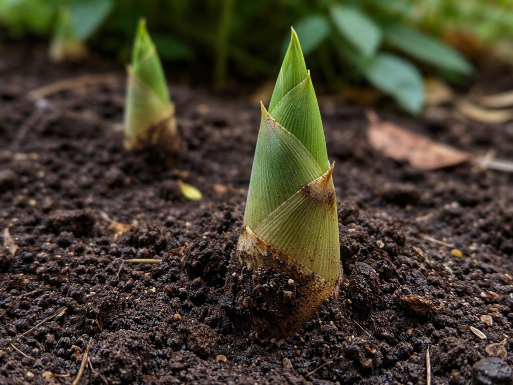 Fresh bamboo sprouts pushing up from moist soil, pointed green shoots with early texture.