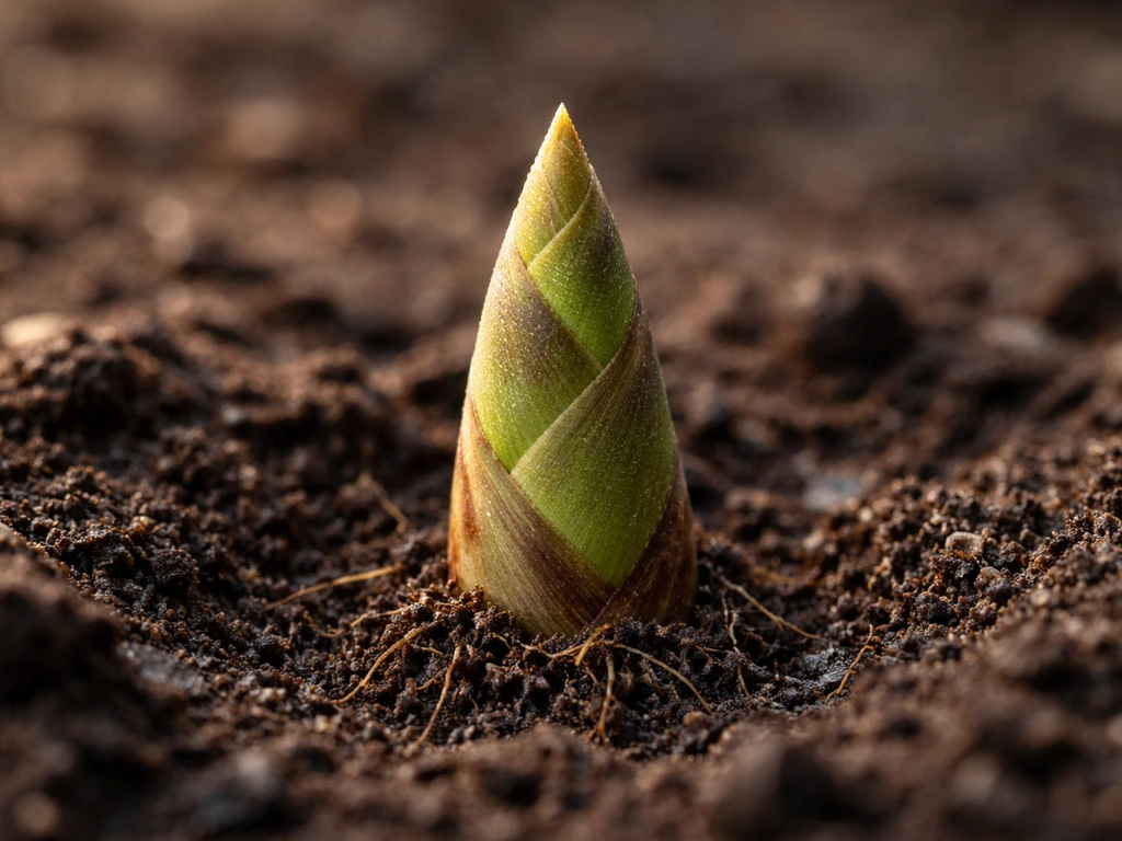 Close-up of a young bamboo shoot emerging from soil as a tight pointed spear in early days